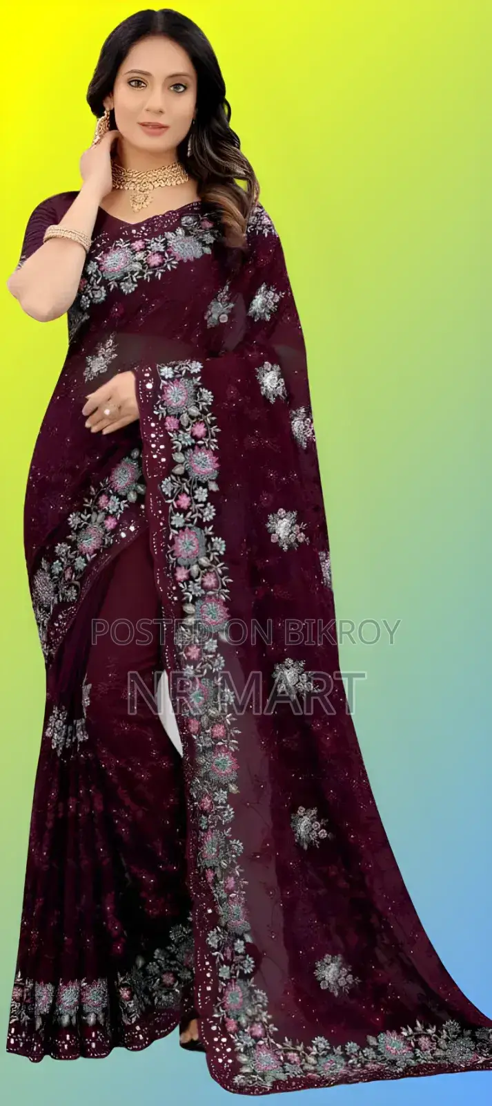  ইন্ডিয়ান জর্জেট এমব্রয়ডারি শাড়ির সাথে ম্যাচিং ব্লাউজ পিস 
