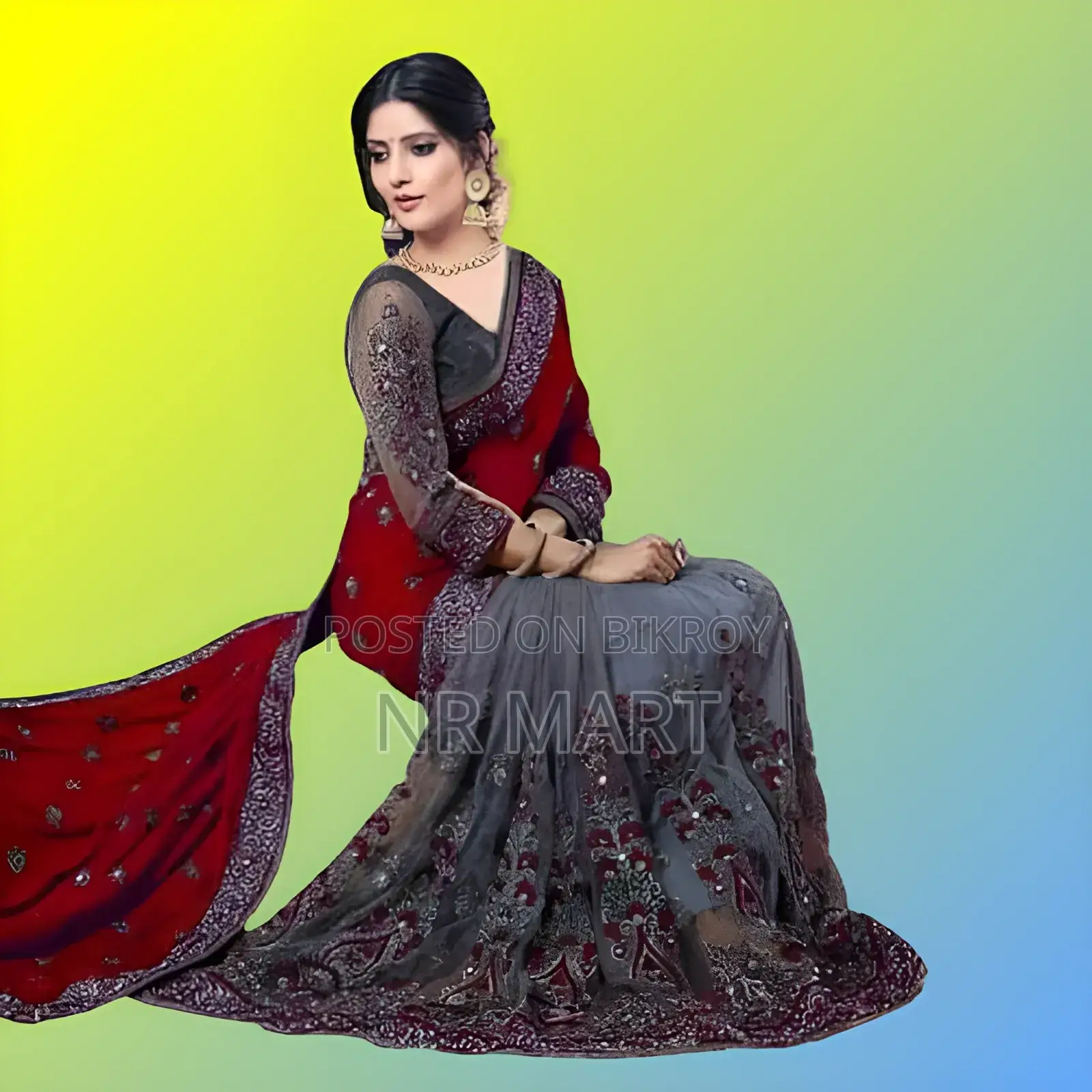  ইন্ডিয়ান জর্জেট এমব্রয়ডারি শাড়ির সাথে ম্যাচিং ব্লাউজ পিস 