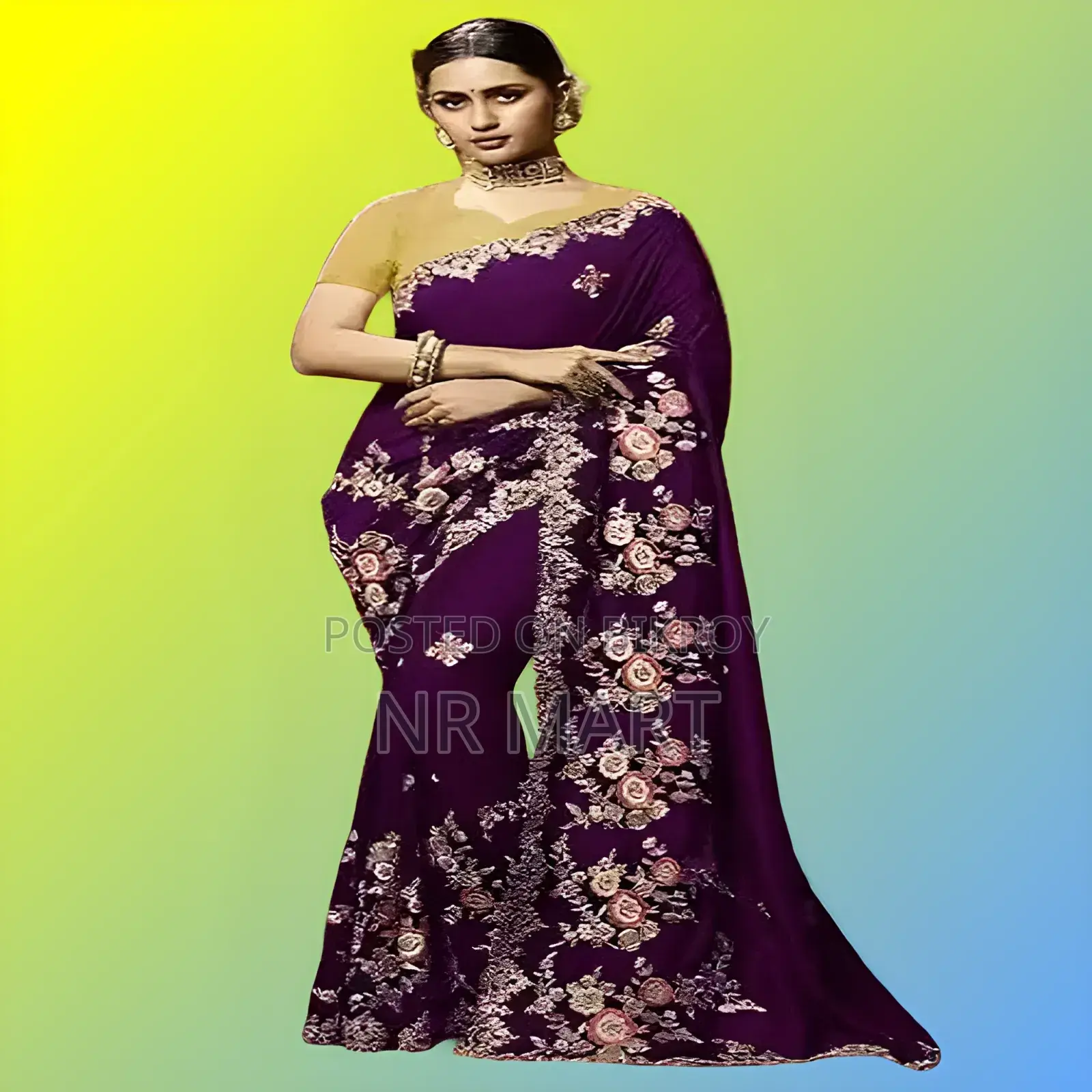  ইন্ডিয়ান জর্জেট এমব্রয়ডারি শাড়ির সাথে ম্যাচিং ব্লাউজ পিস 