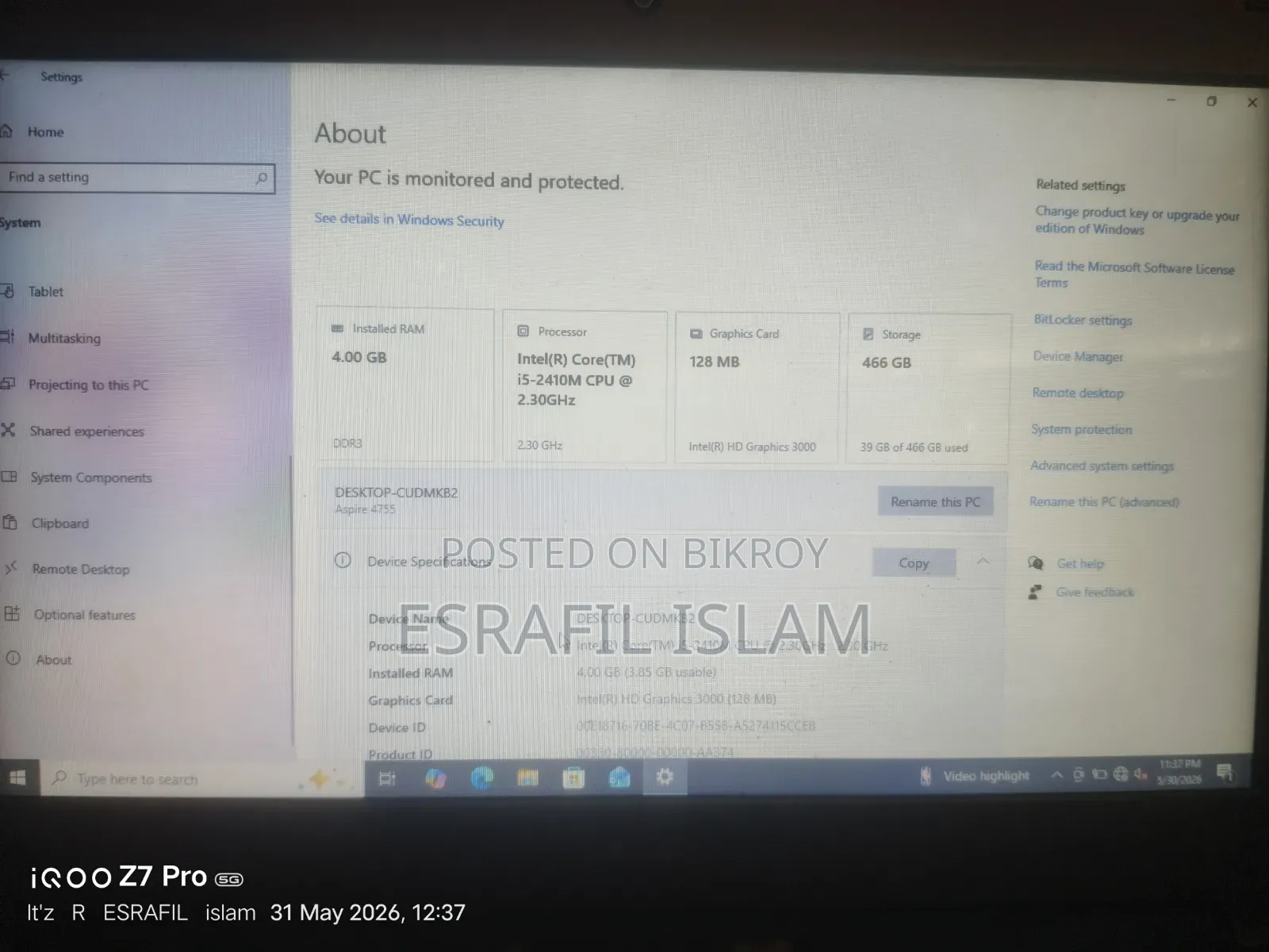 Laptop Acer Aspire 4755 4GB Intel Core I5 HDD 500GB