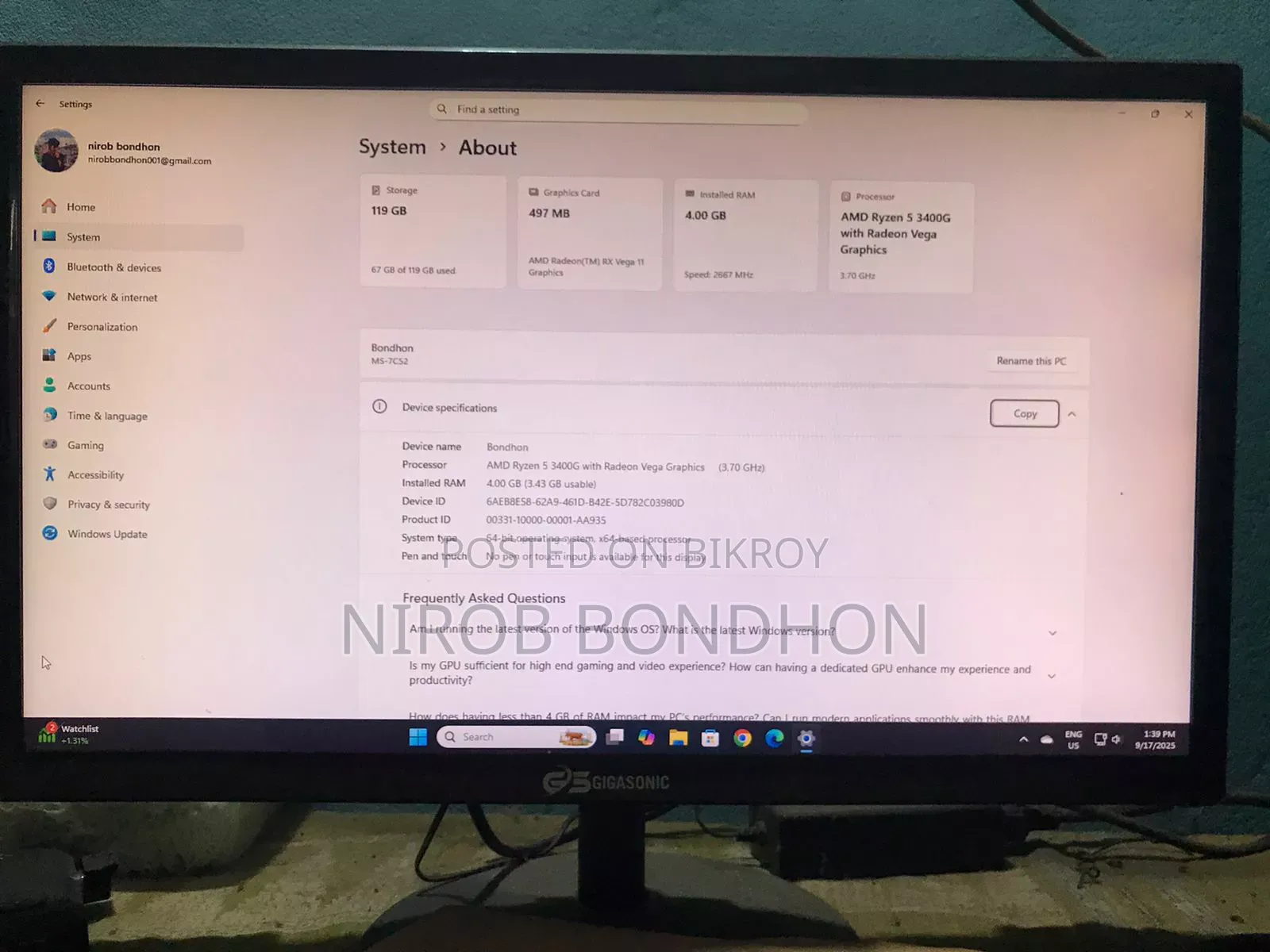 Desktop Computer MSI 8GB AMD Ryzen 5 SSD 128GB