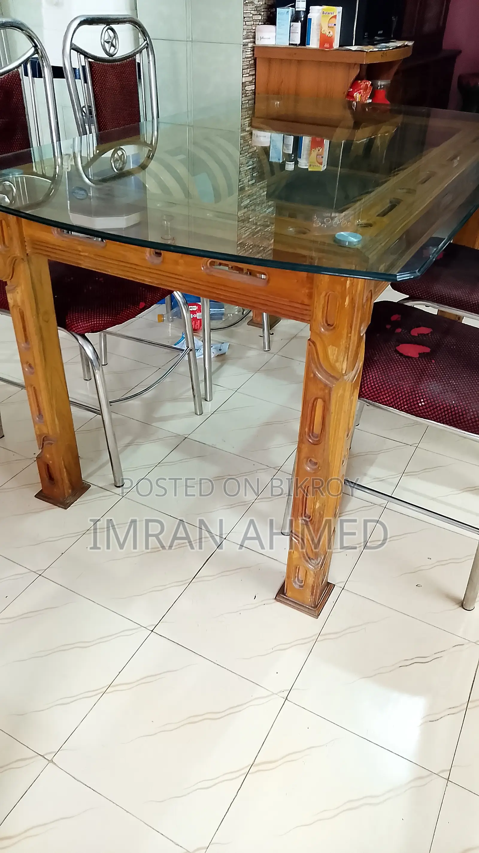 Dinning Table( Segun Timber) With 6 Mm Table Glass 4 Chair