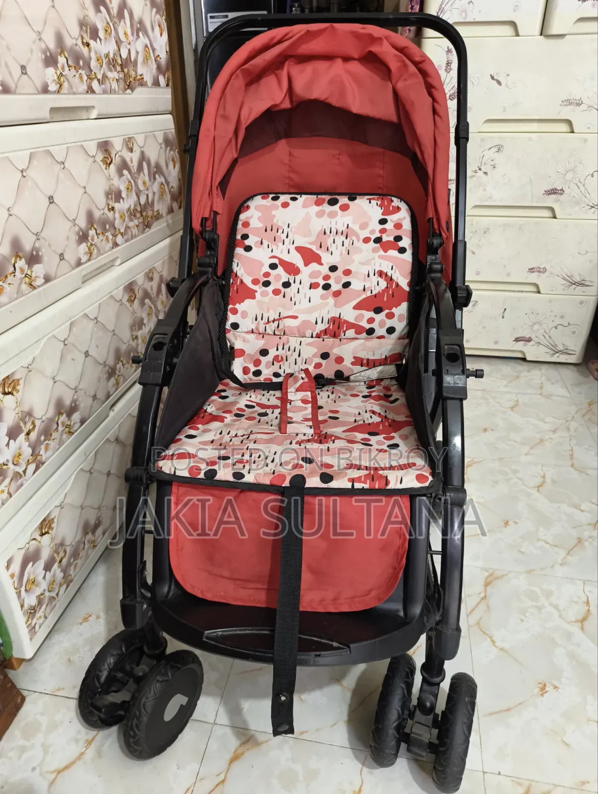 Used Baby Stroller (Red/Patterned) – Excellent Condition