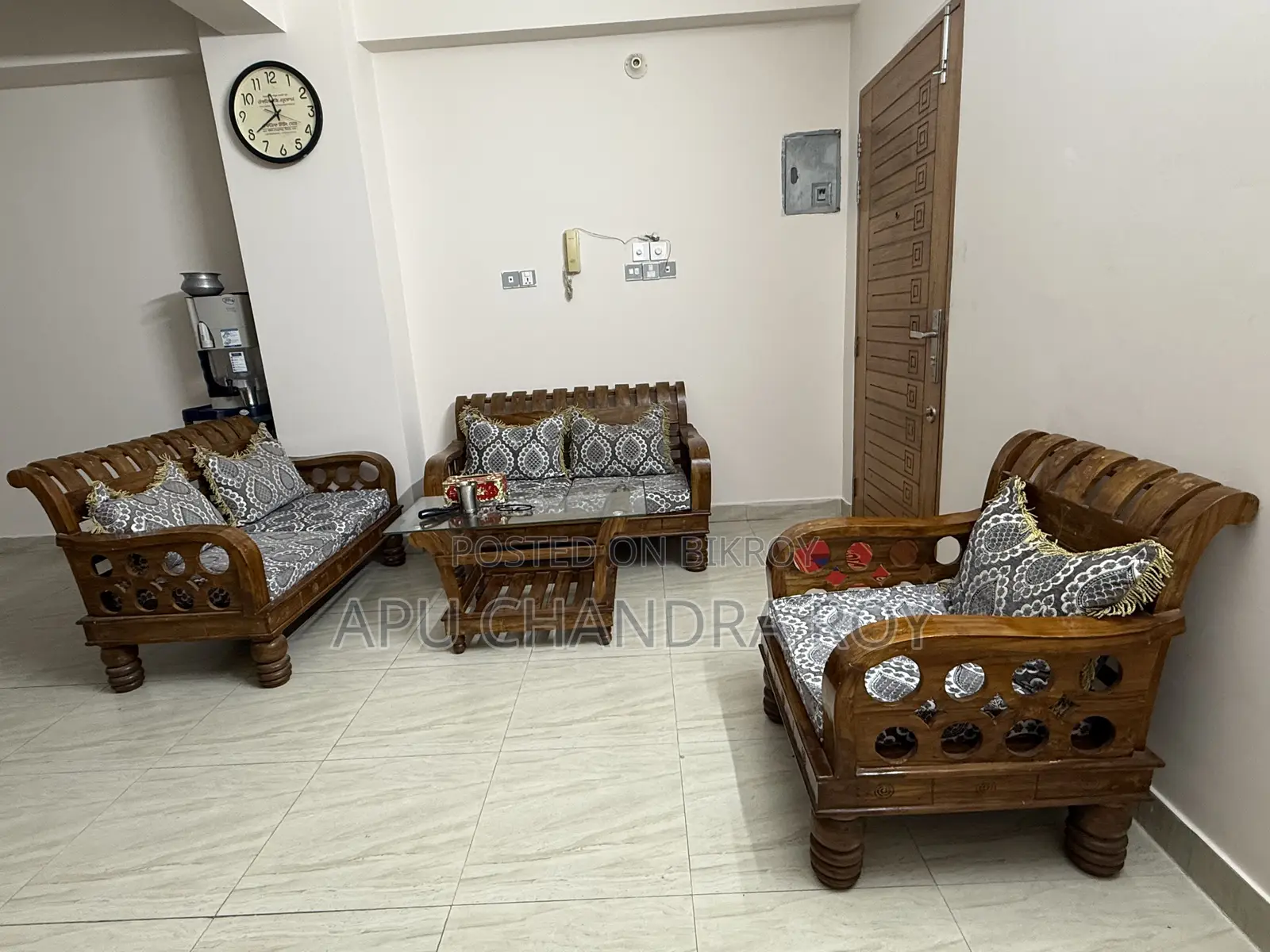 Teak Wood Sofa Set, with Cushions and Glass Table