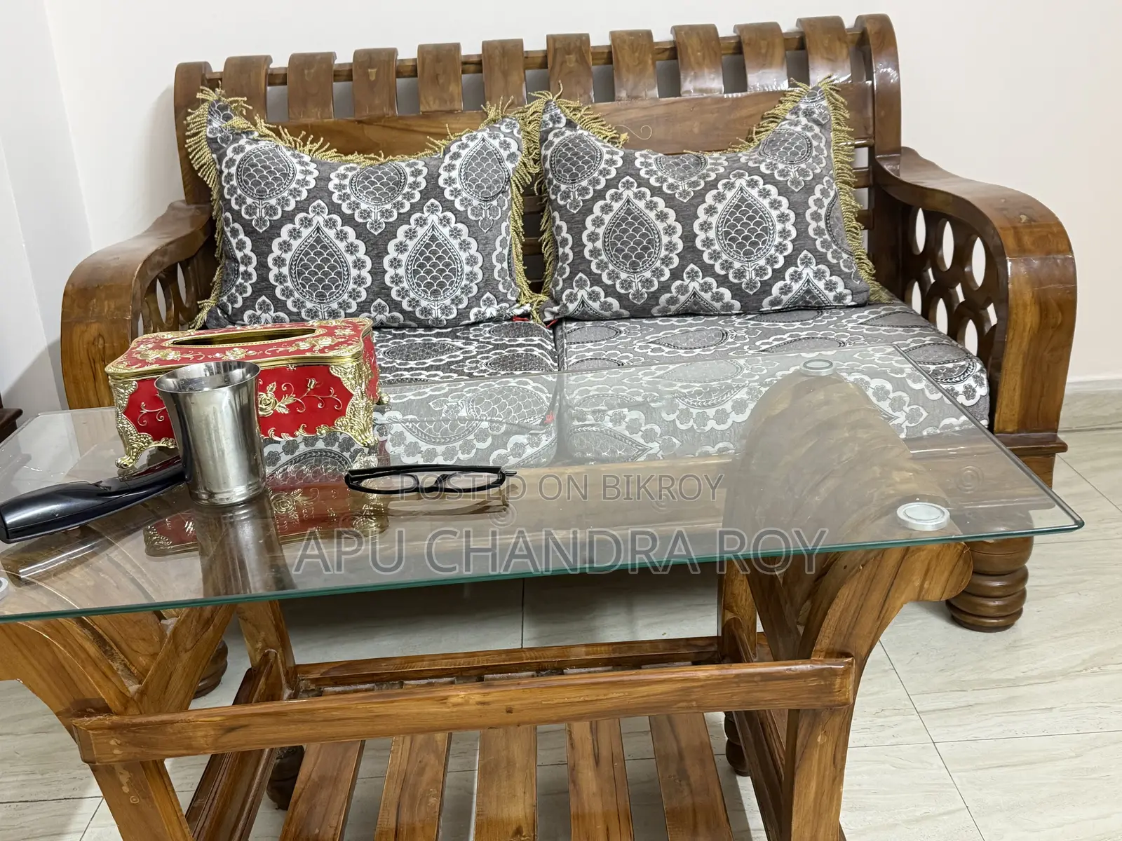 Teak Wood Sofa Set, with Cushions and Glass Table