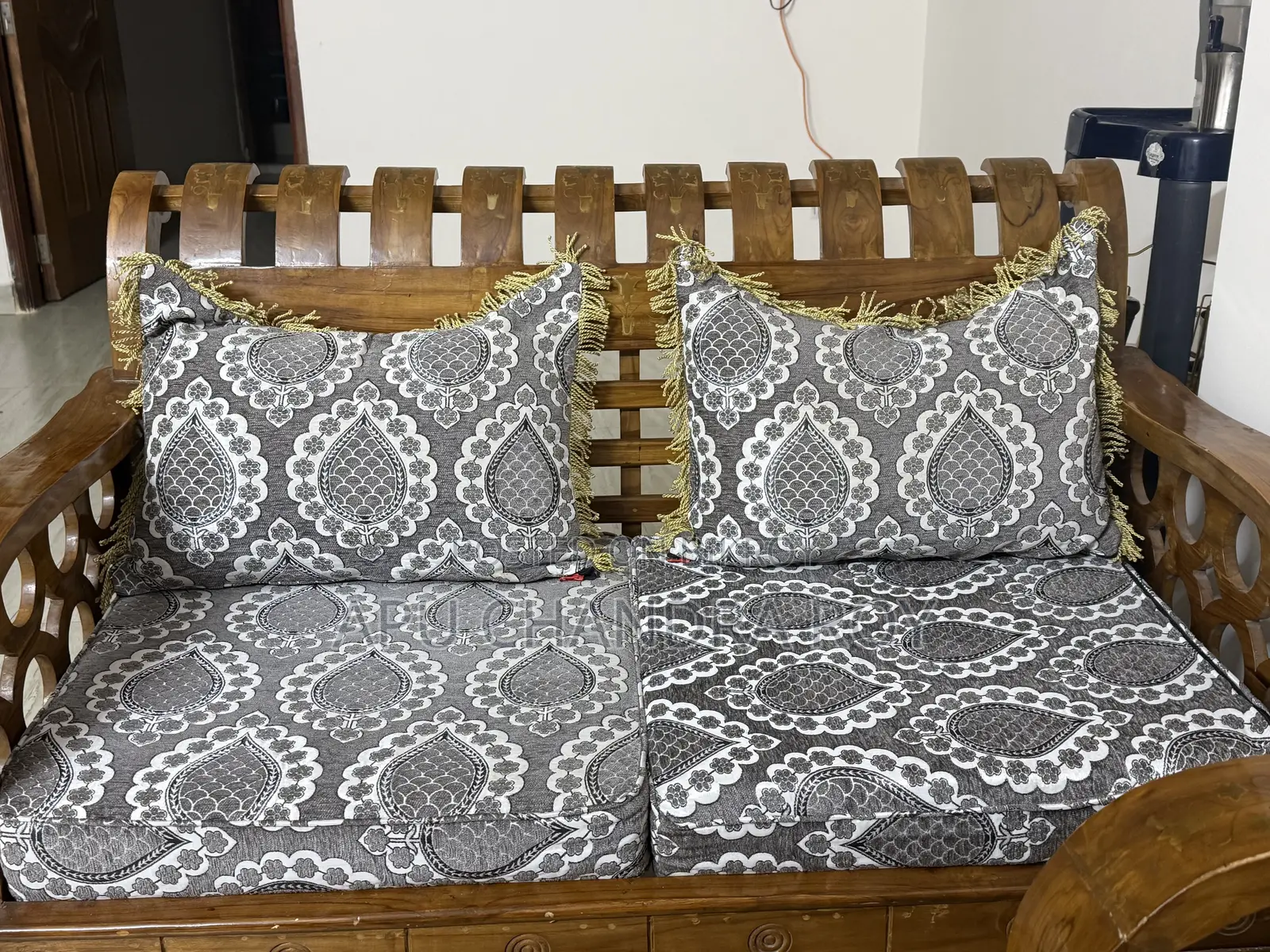 Teak Wood Sofa Set, with Cushions and Glass Table