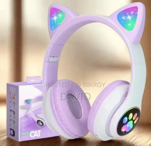 Cute Cat Wireless Headphones With RGB Light With Mic for Kids Teens