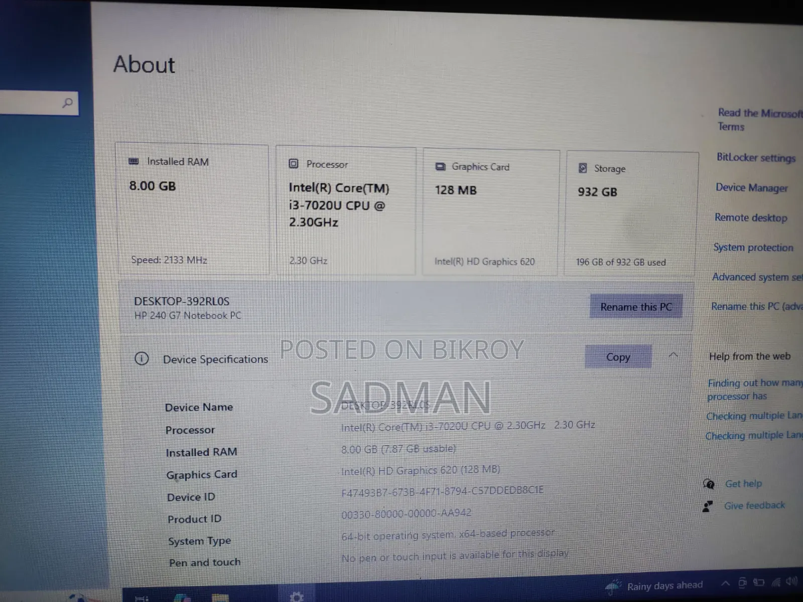 Laptop HP 240 G7 8GB Intel Core I3 HDD 1T