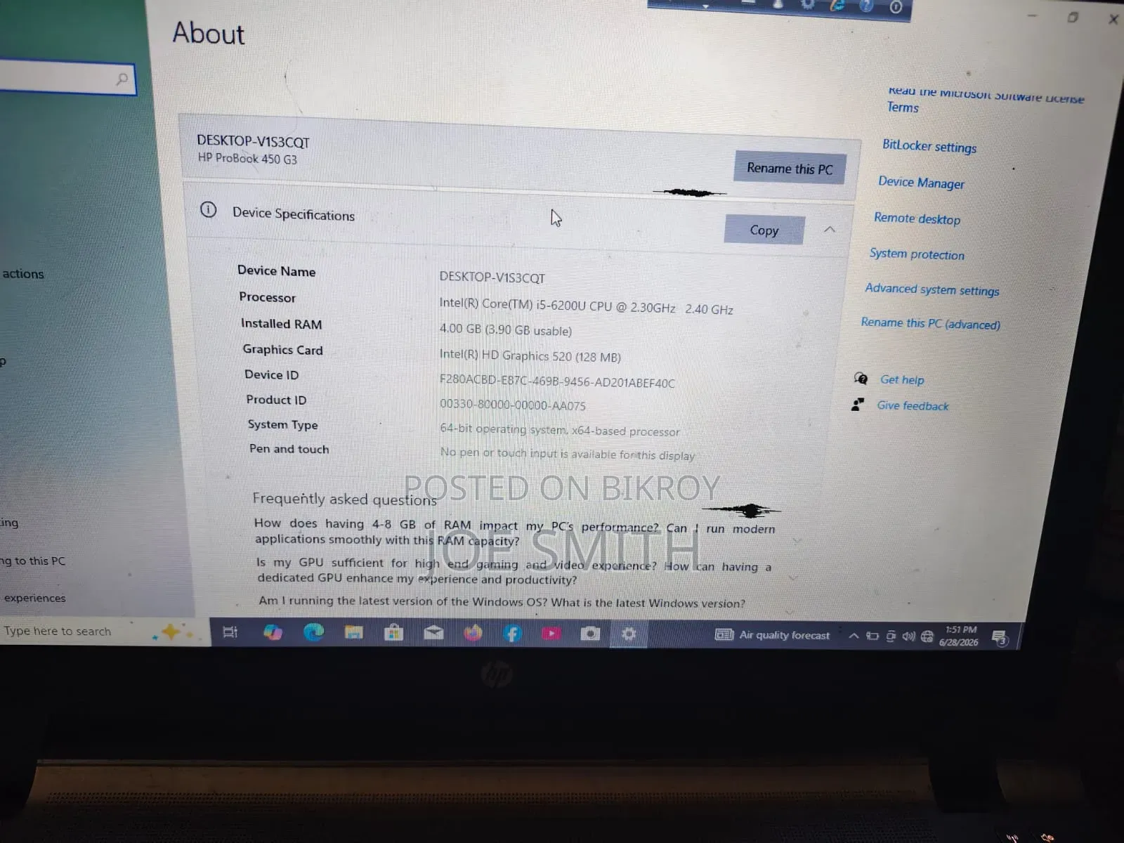 Laptop HP ProBook 450 G3 4GB Intel Core I5 SSD 256GB