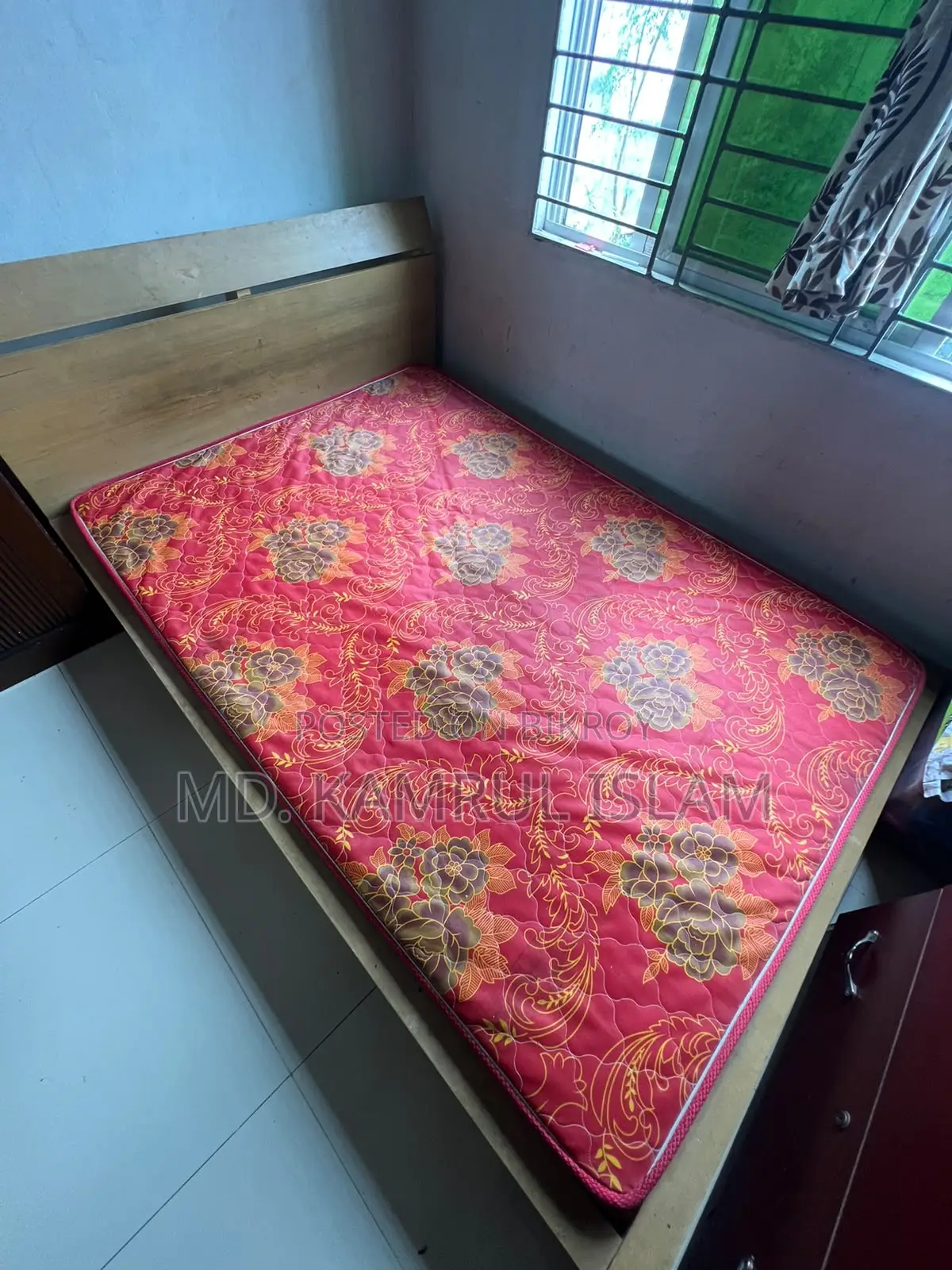 Mahogany Wooden Floor Bed for Sale Along With Its Mattress.