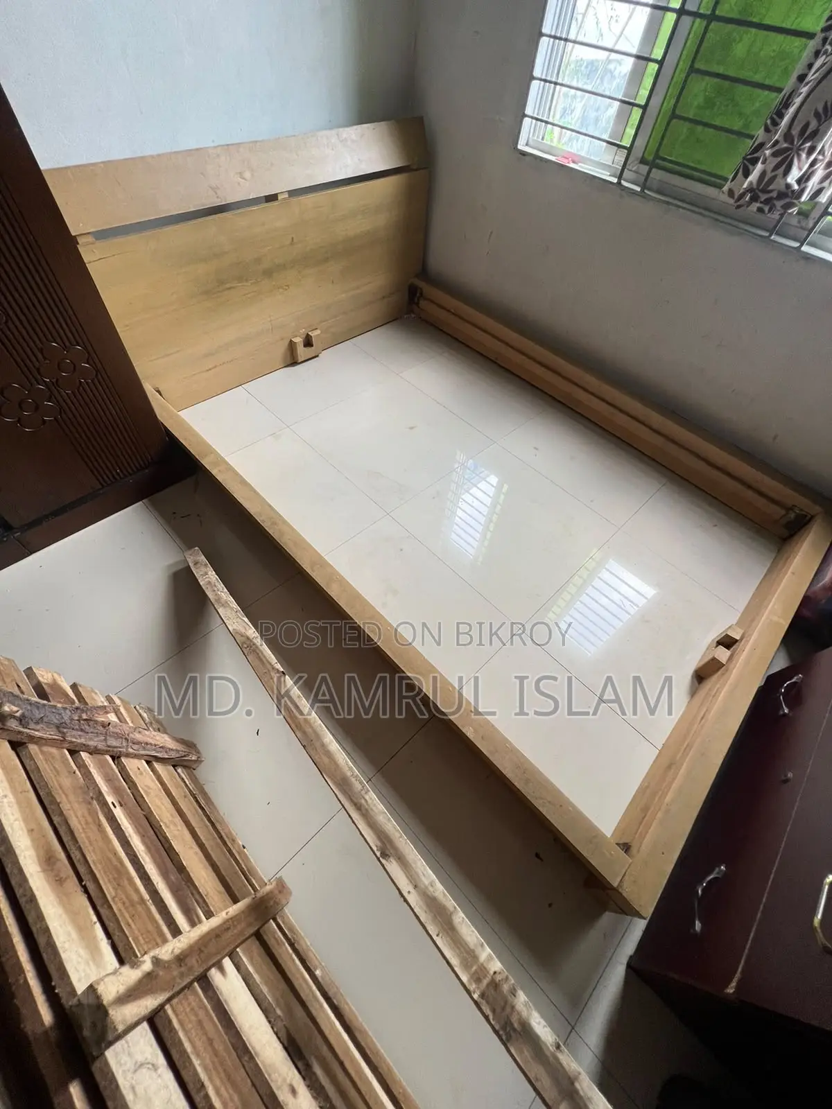 Mahogany Wooden Floor Bed for Sale Along With Its Mattress.
