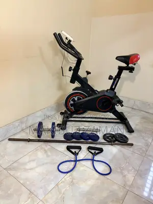 Combo: Indoor Spin Bike, Barbell Rod, Dumbbell Set Resistance Tube.
