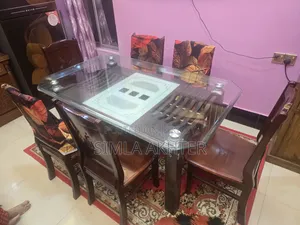 1 Malaysian glass plywood dining table with 6 chairs for sale
