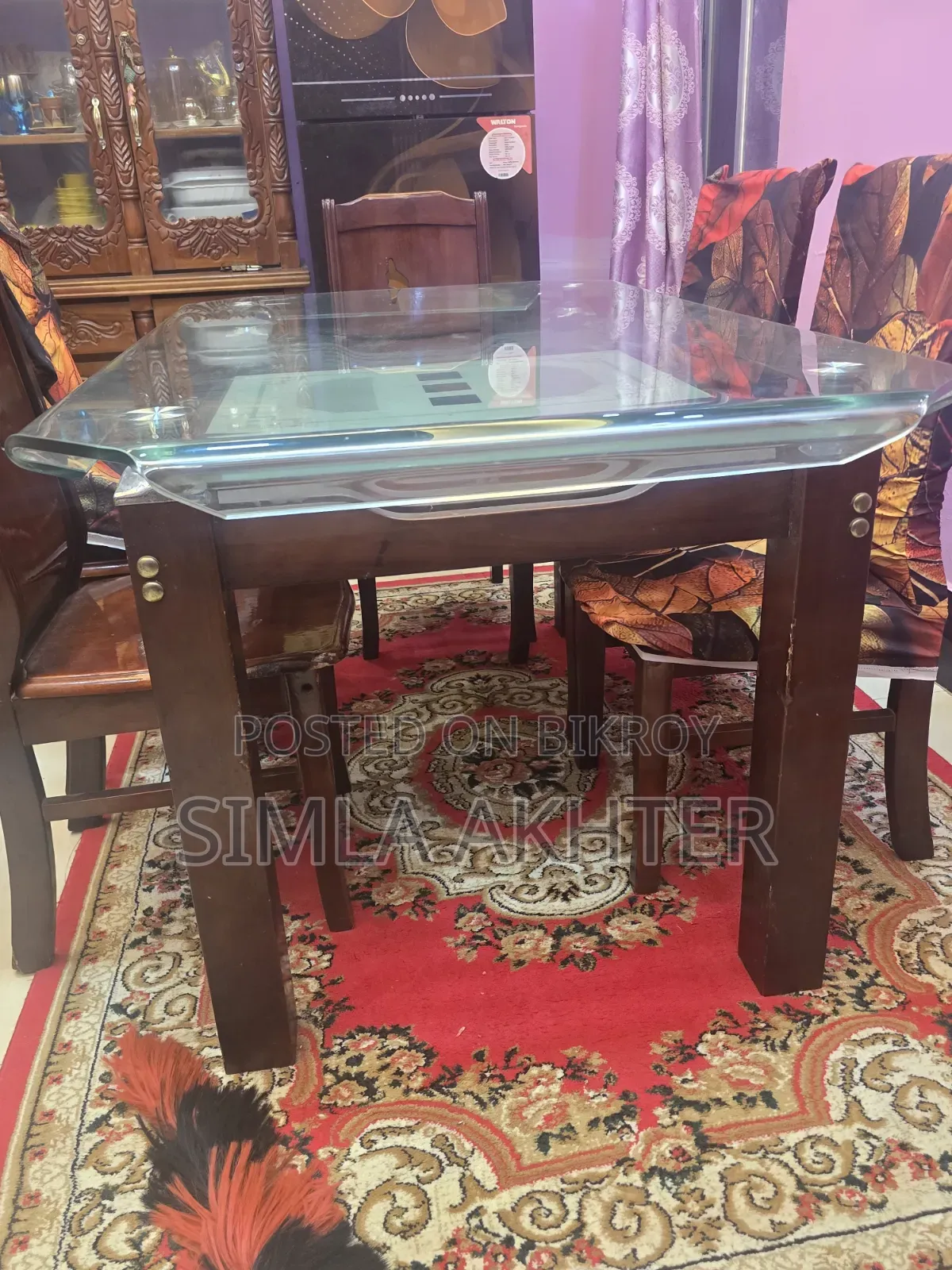 1 Malaysian glass plywood dining table with 6 chairs for sale