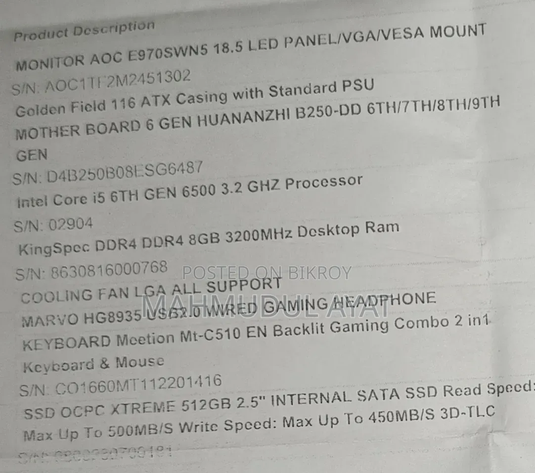 Desktop Computer 8GB Intel SSD 500GB