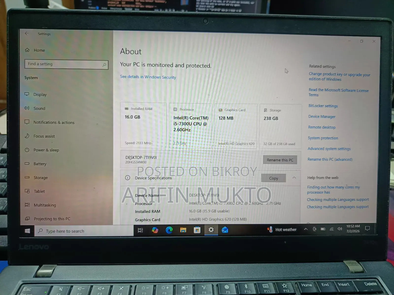 Laptop Lenovo ThinkPad T470 16GB Intel Core I5 SSD 256GB