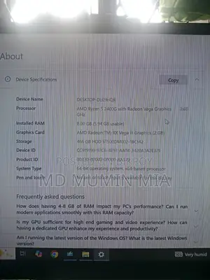 Desktop Computer 8GB AMD Ryzen 5 Hard Disk Drive 500GB