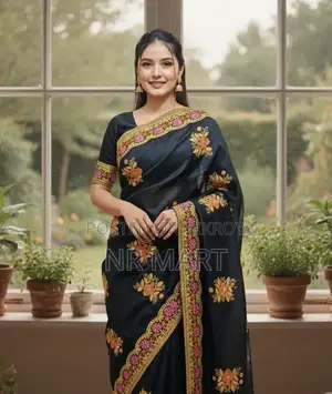 Premium Embroidery Semi-Muslin Saree with Blouse Piece