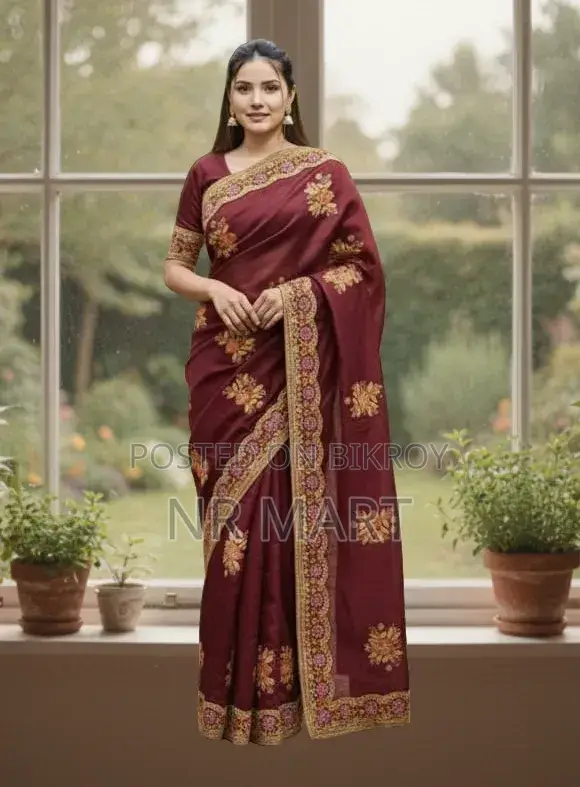 Premium Embroidery Semi-Muslin Saree with Blouse Piece