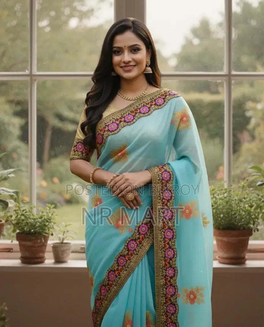 Premium Embroidery Semi-Muslin Saree with Blouse Piece