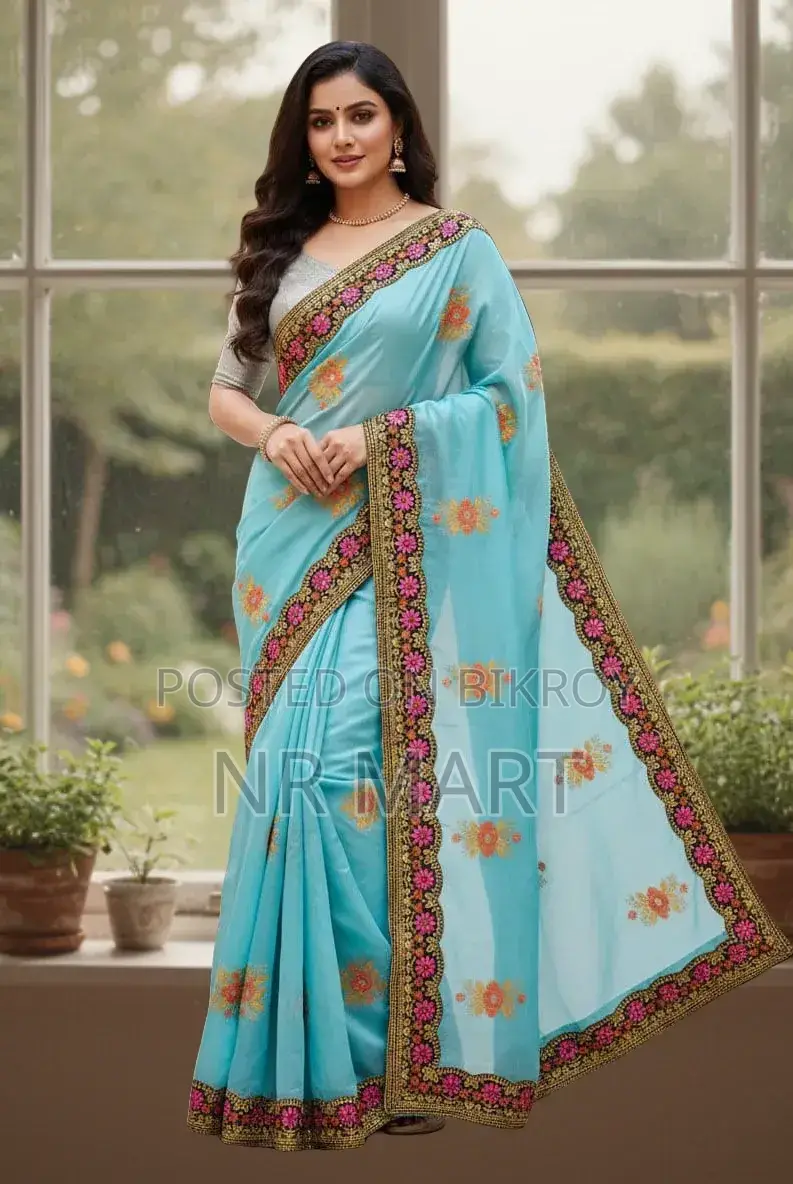 Premium Embroidery Semi-Muslin Saree with Blouse Piece