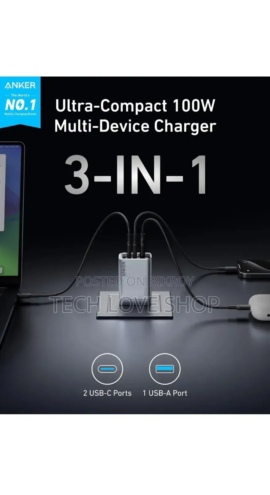 Anker Prime 100w Gan Wall Charger 3 Port of 2 USB-C 1 USB-A(US Import)