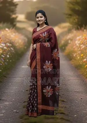 Elegant Half Silk Block Print Saree (Without Blouse Piece)