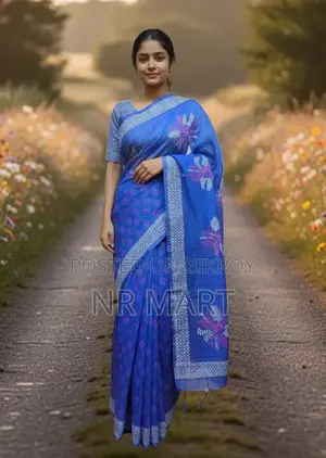 Elegant Half Silk Block Print Saree (Without Blouse Piece)