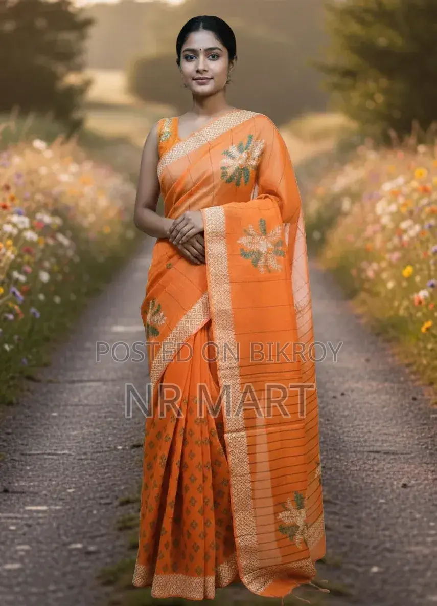 Elegant Half Silk Block Print Saree (Without Blouse Piece)