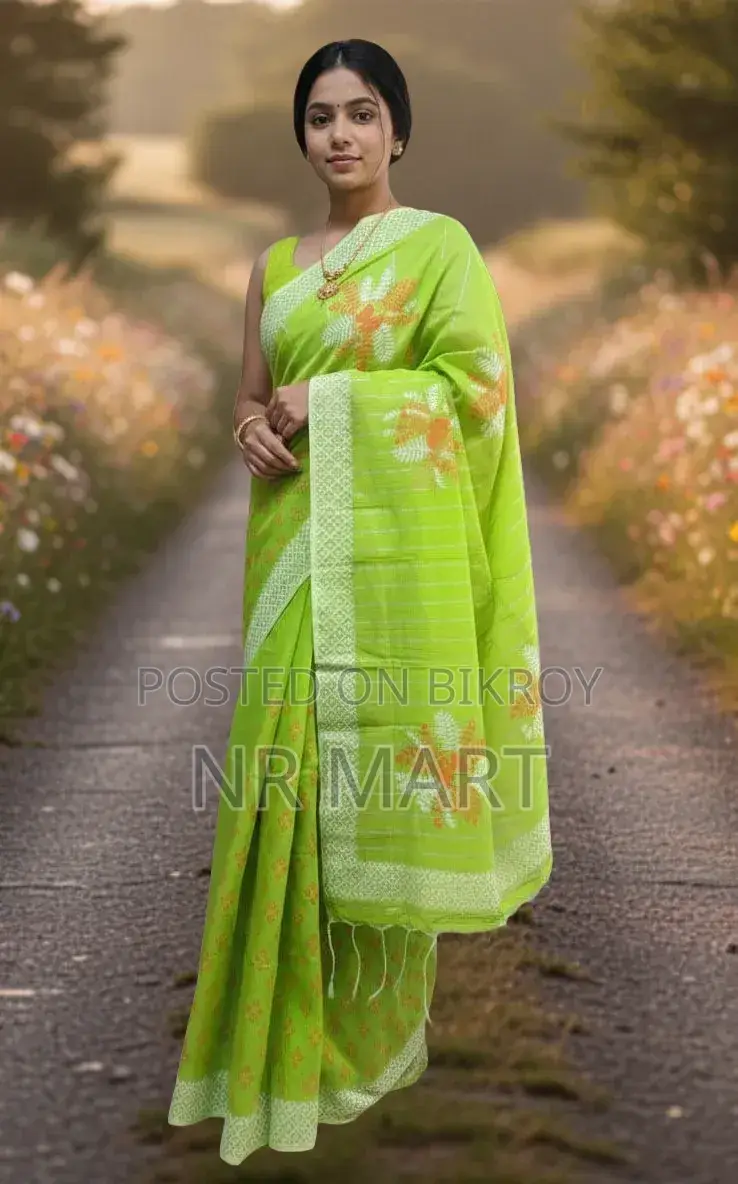 Elegant Half Silk Block Print Saree (Without Blouse Piece)