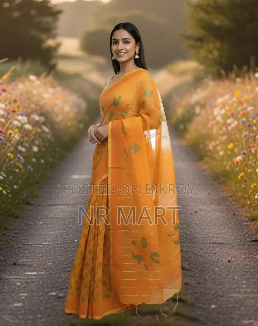 Elegant Half Silk Block Print Saree (Without Blouse Piece)
