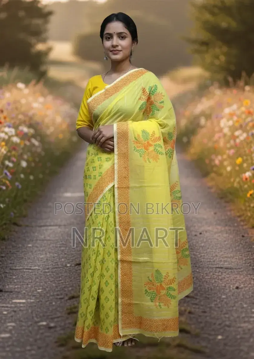 Elegant Half Silk Block Print Saree (Without Blouse Piece)