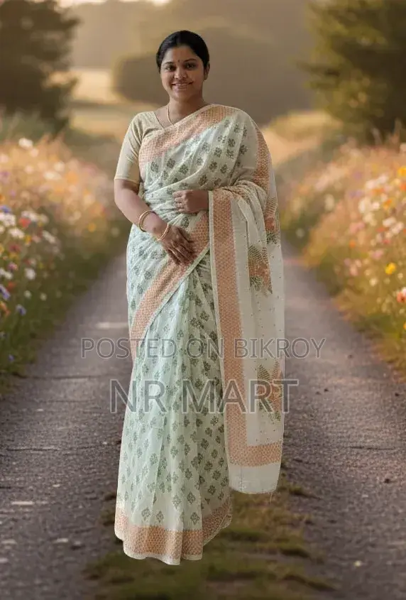Elegant Half Silk Block Print Saree (Without Blouse Piece)