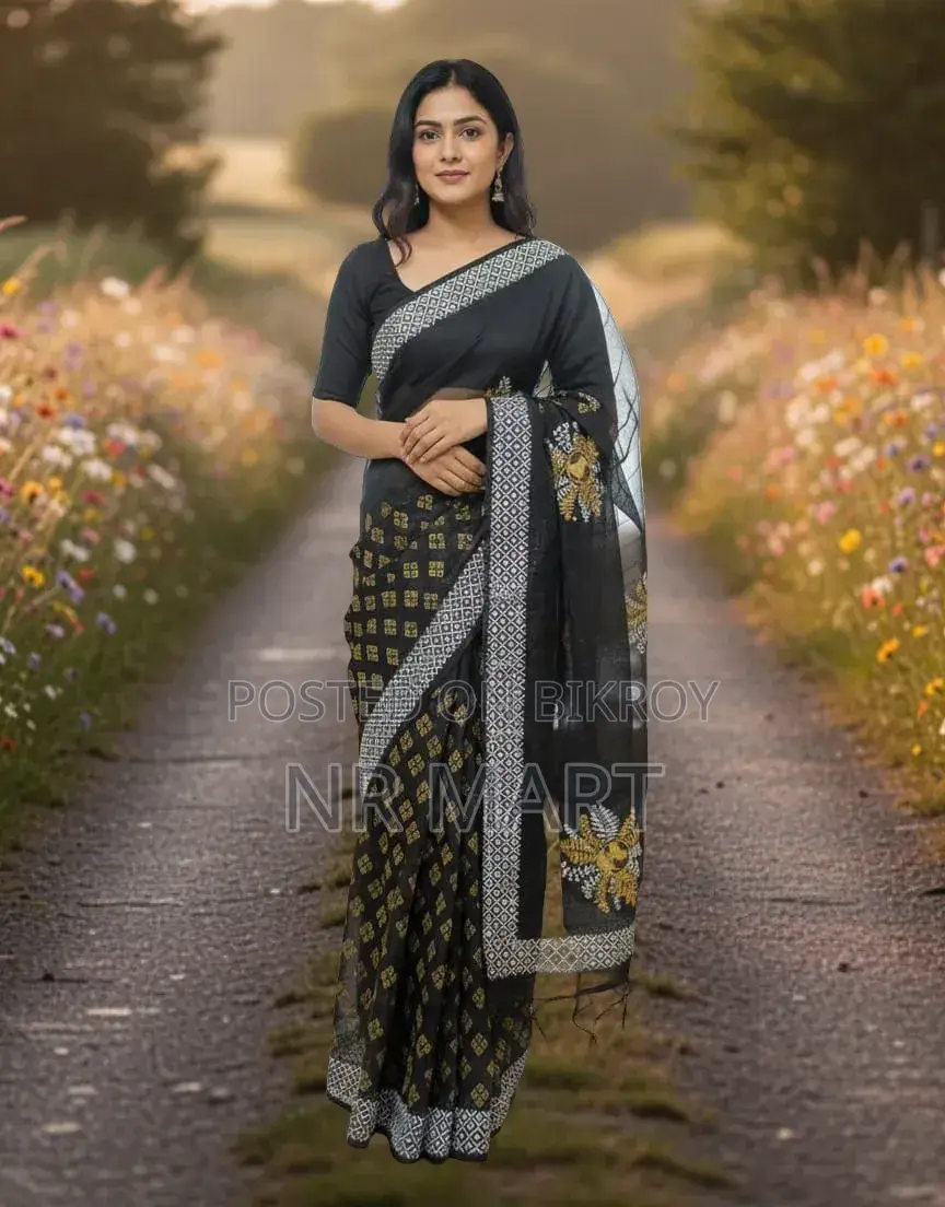 Elegant Half Silk Block Print Saree (Without Blouse Piece)