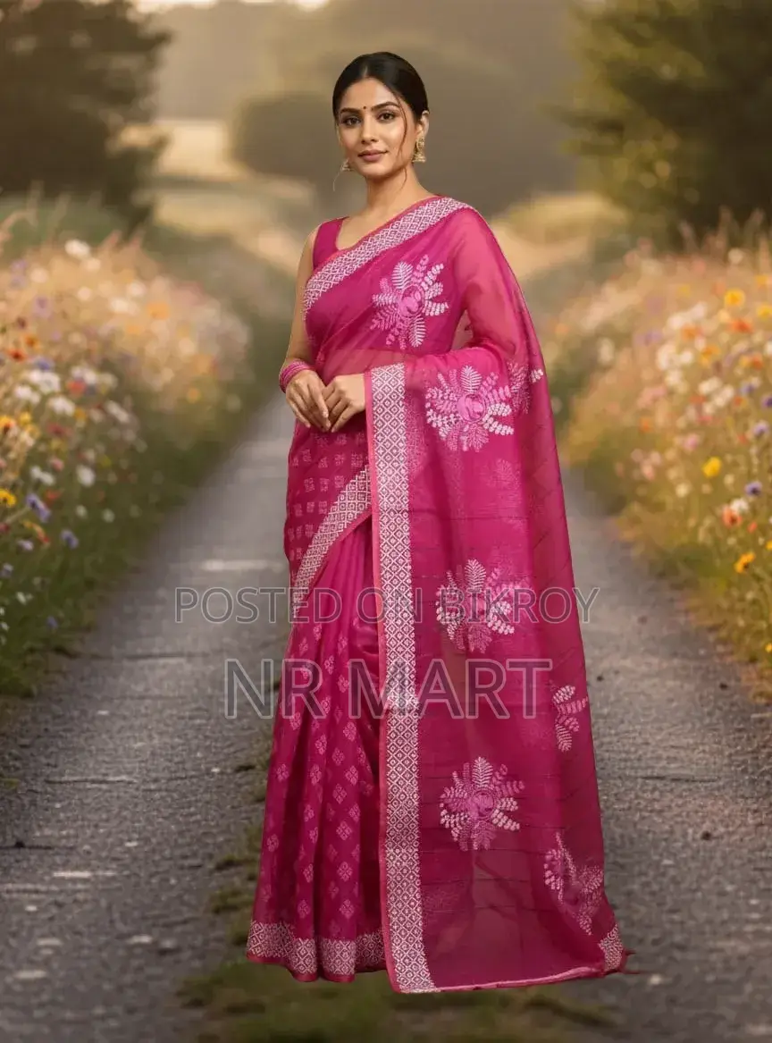Elegant Half Silk Block Print Saree (Without Blouse Piece)