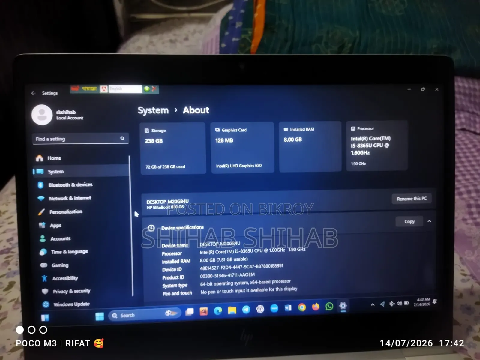 Laptop HP EliteBook 840 G6 8GB Intel Core I5 SSD 256GB