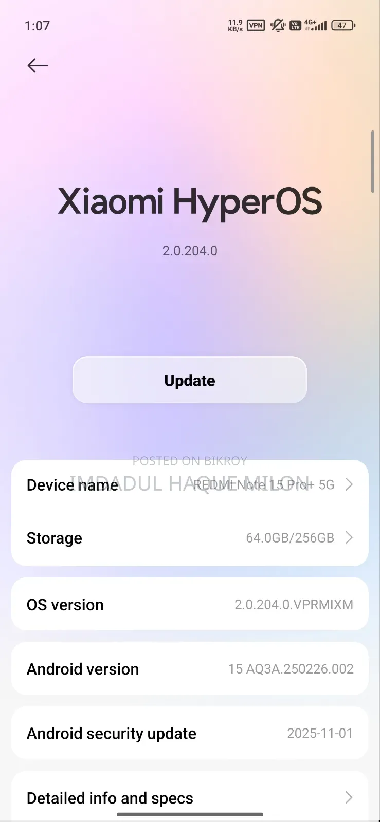 শাওমি রেডমি নোট ১৫ প্রো+ ২৫৬ জিবি ব্ল্যাক