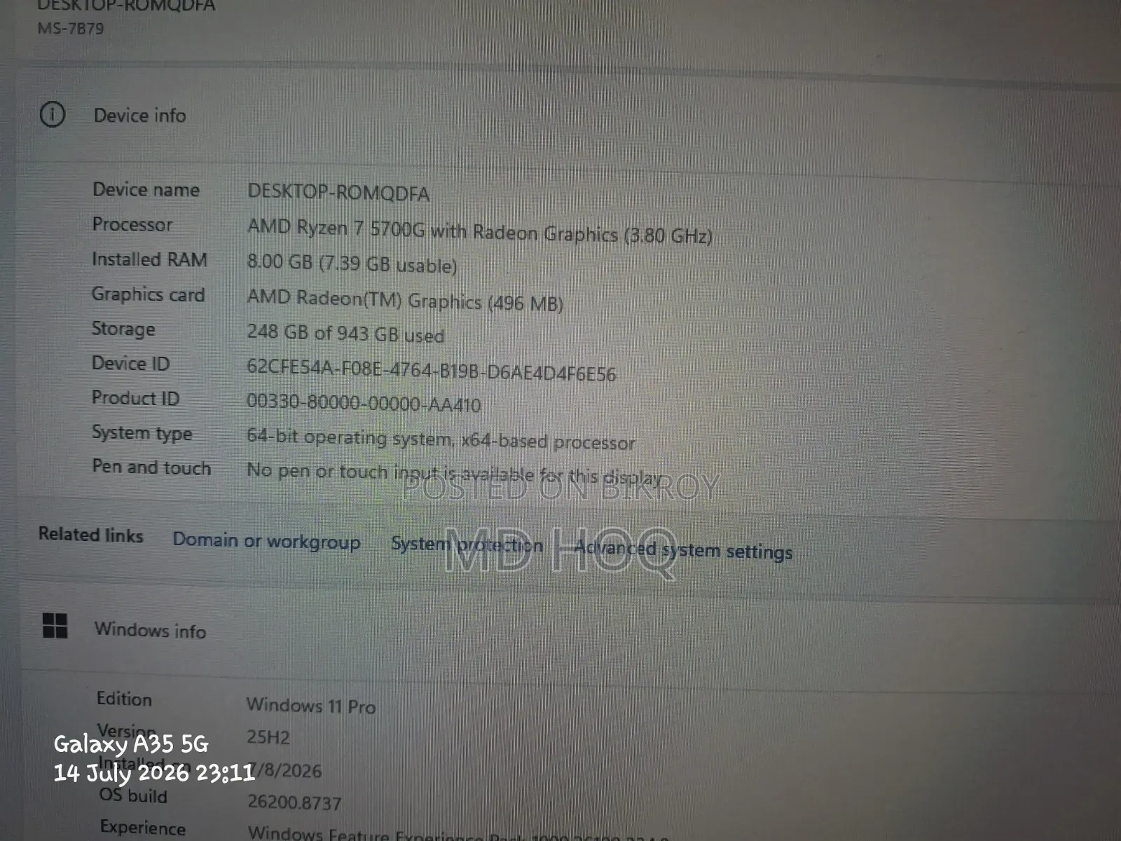 Desktop Computer 8GB AMD Ryzen 7 SSD 512GB