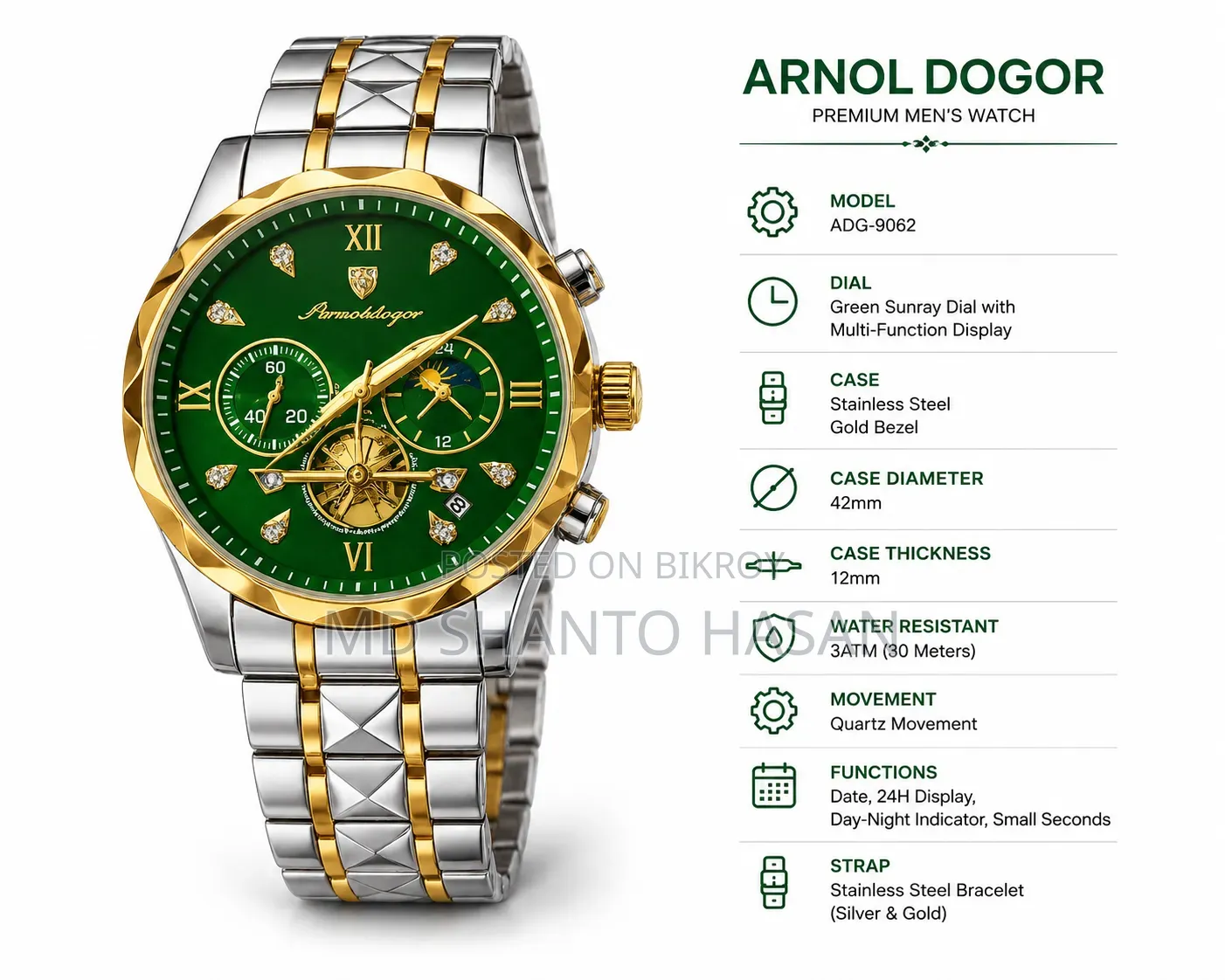 Mennblanger Royal Green ডায়মন্ড কাট ঘড়ি | প্রিমিয়াম বক্স সহ