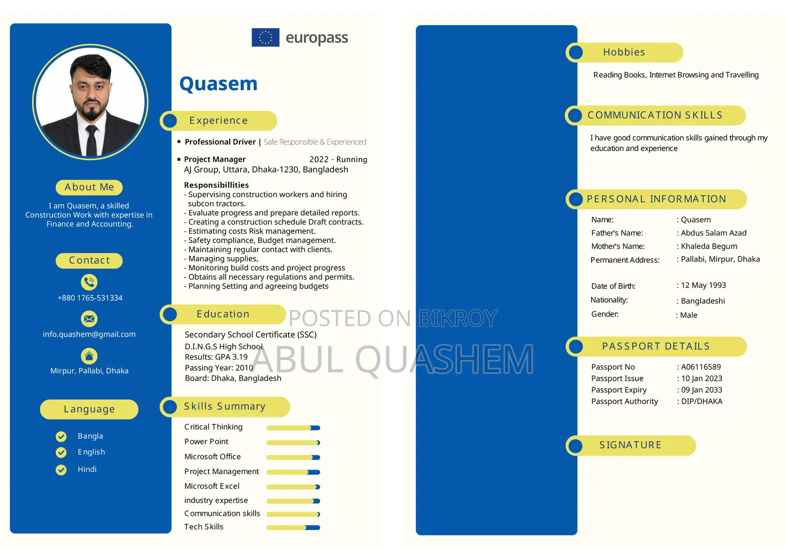 Europass, Professional and Customized CV