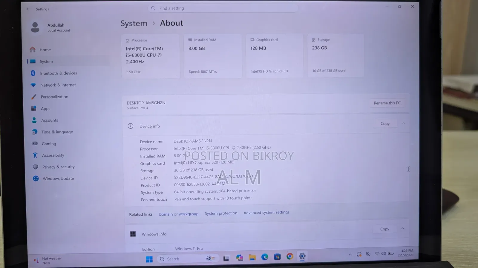 Laptop Microsoft Surface Pro 8GB Intel Core i5 SSD 256GB