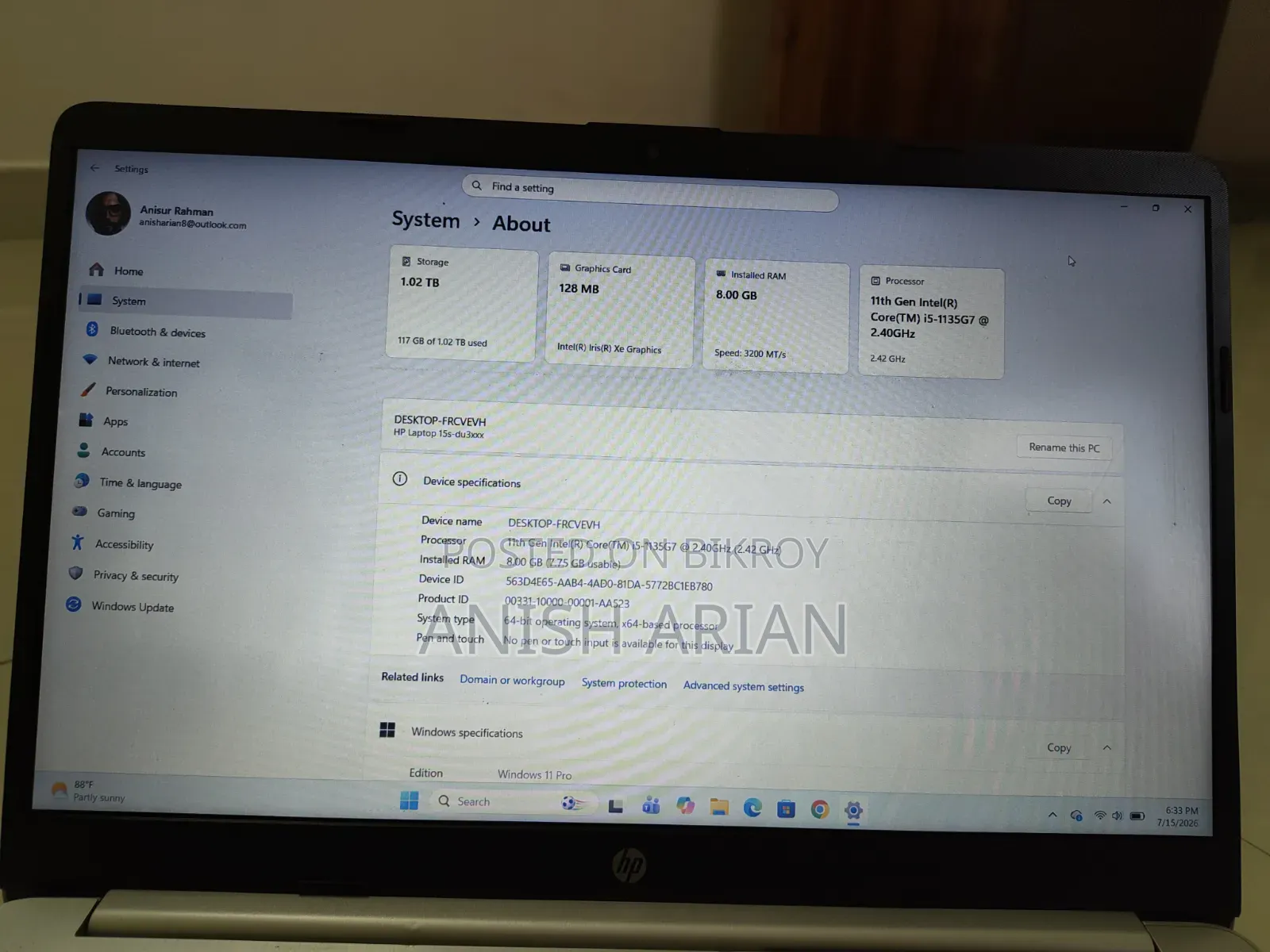 Laptop HP 15S 8GB Intel Core i5 SSD 1T