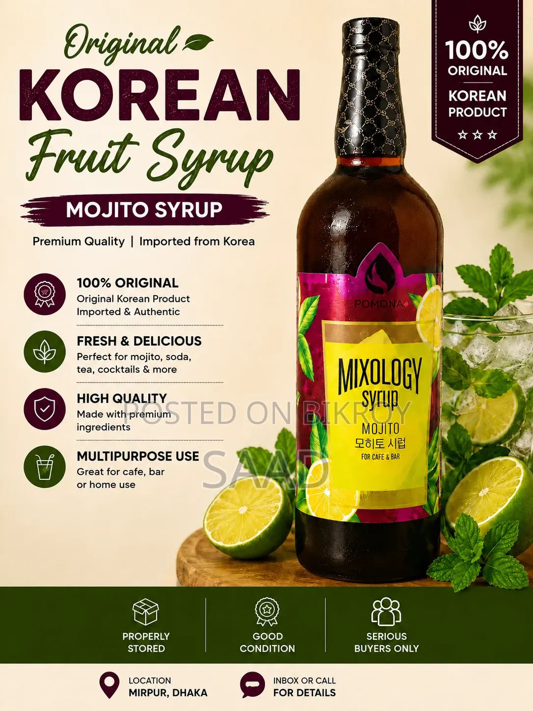 Original Pomona Mixology Mojito Syrup (1000ml)
