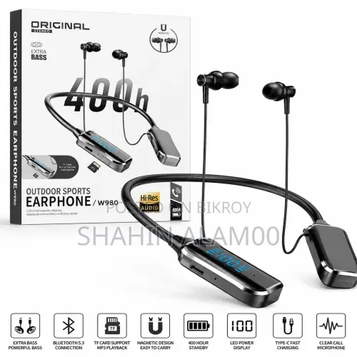 W980 Bluetooth Neckband Earphone With Extra Bass & TF Card Support