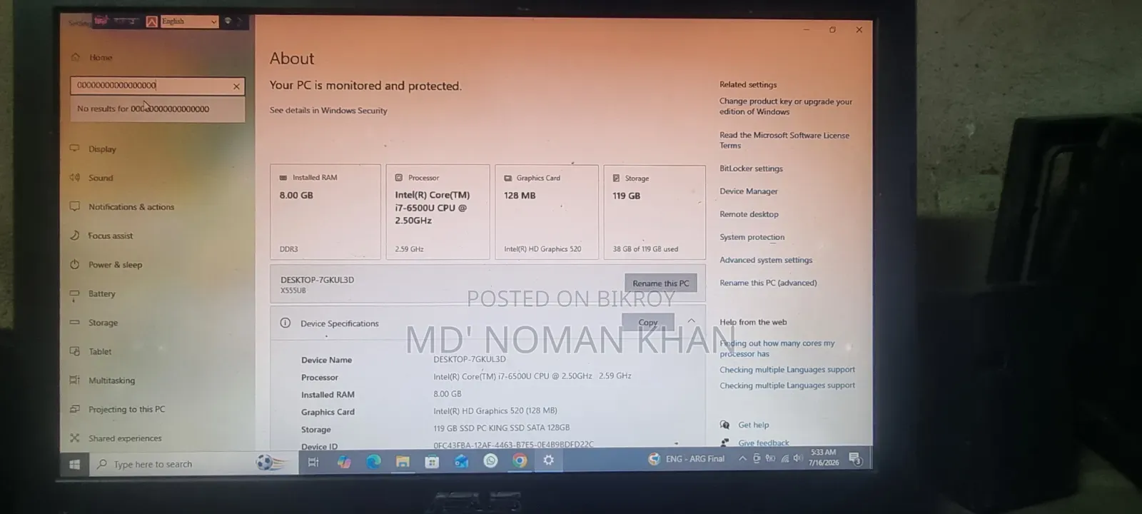 Laptop ASUS A42JK 8GB Intel Core I7 SSD 128GB