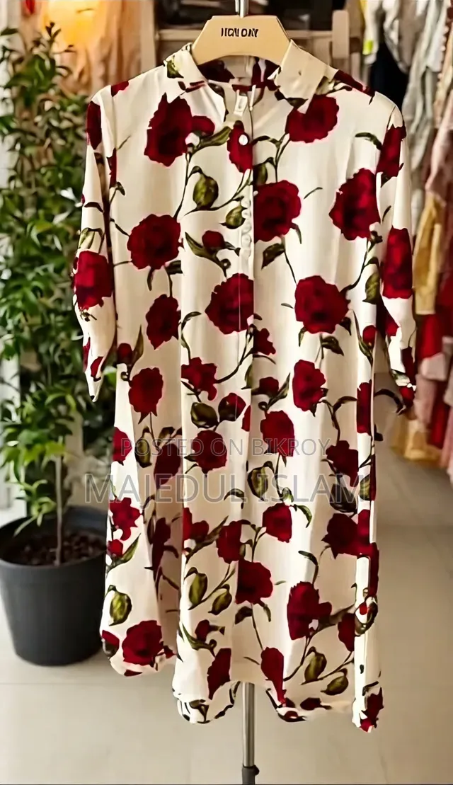 PP-89 অদ্রনীল Butter Silk কুর্তি | বড় রেড ফুল প্রিন্ট | ঢাকা