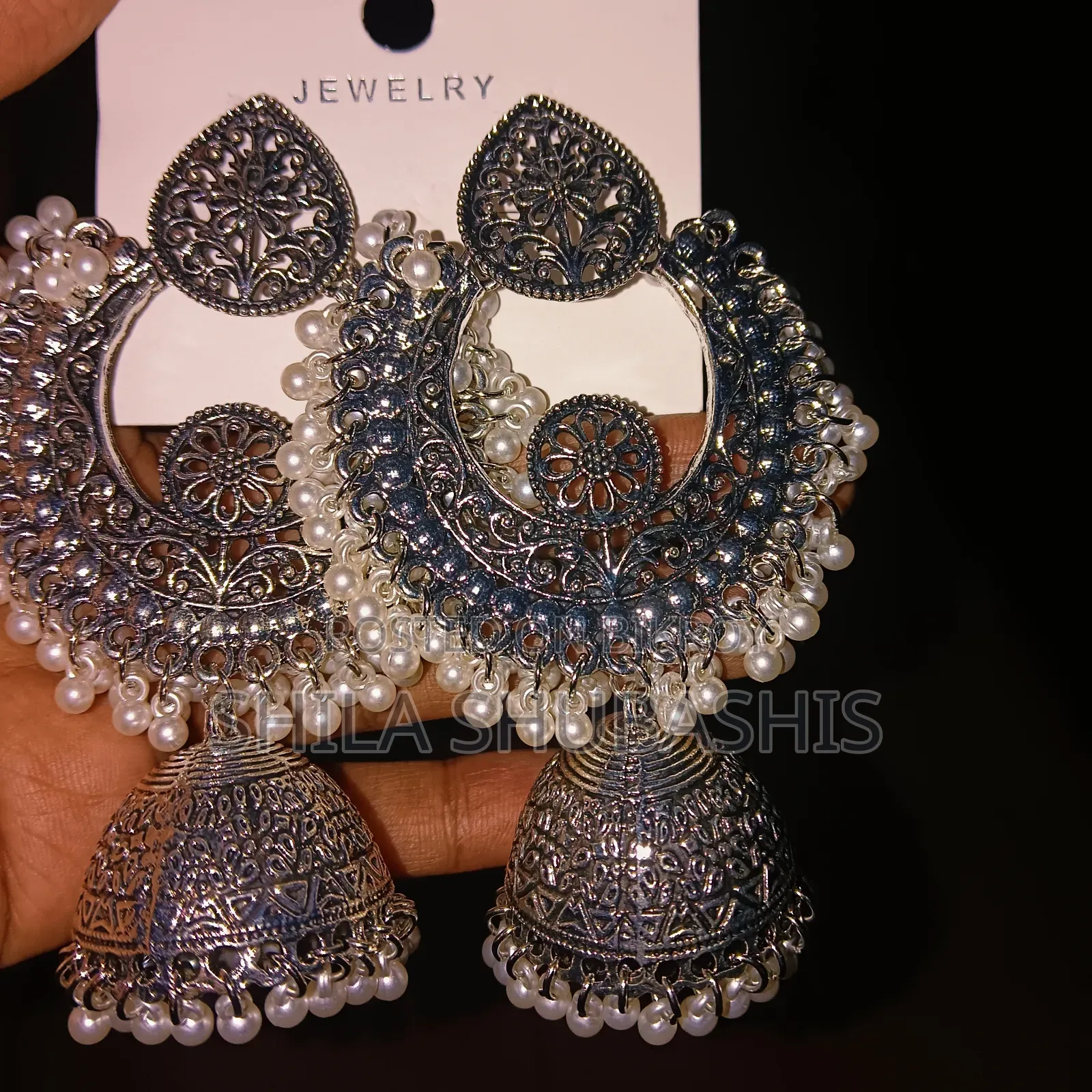 Premium Oxidized Pearl Jhumka Earrings. Free Delivery)