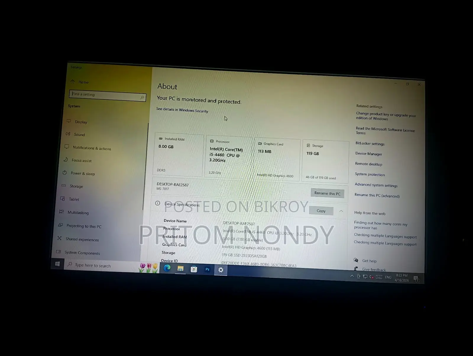 Desktop Computer MSI Model 8GB Intel Core I5 SSD 128GB