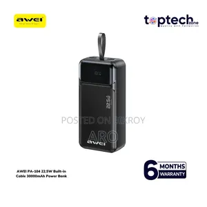 30000 mAh Power AWEI PA-104 22.5W Built-in Cable 30000mAh Power Bank