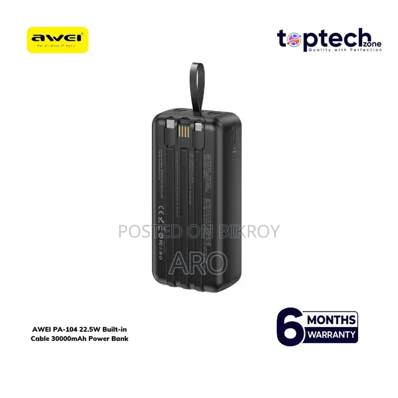 30000 mAh Power AWEI PA-104 22.5W Built-in Cable 30000mAh Power Bank
